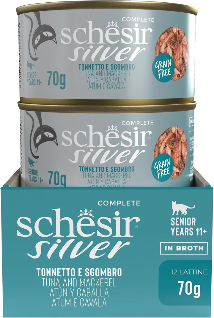 Silver, aromă de ton și macrou, hrană umedă completă pentru pisici în vârstă (12 cutii a 70 g)
