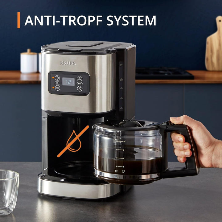 Cafetieră cu filtru programabil Krups KM480D Excellence din oțel inoxidabil, cronometru de 24 de ore, cap de apă pentru selectarea puterii de preparare, mod de preinfuzie, sistem anti-picurare, capacitate 1,25 litri, 15 cești