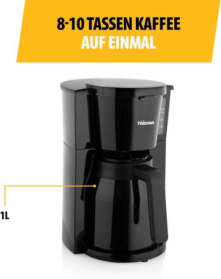 Cafetieră Tristar, termos de 1 litru, 900W, cu pereți dubli, 8-10 cești, oprire picurare, oprire automată, compactă, protecție la funcționare uscată, fără Bpa, ușor de curățat, CM-1285