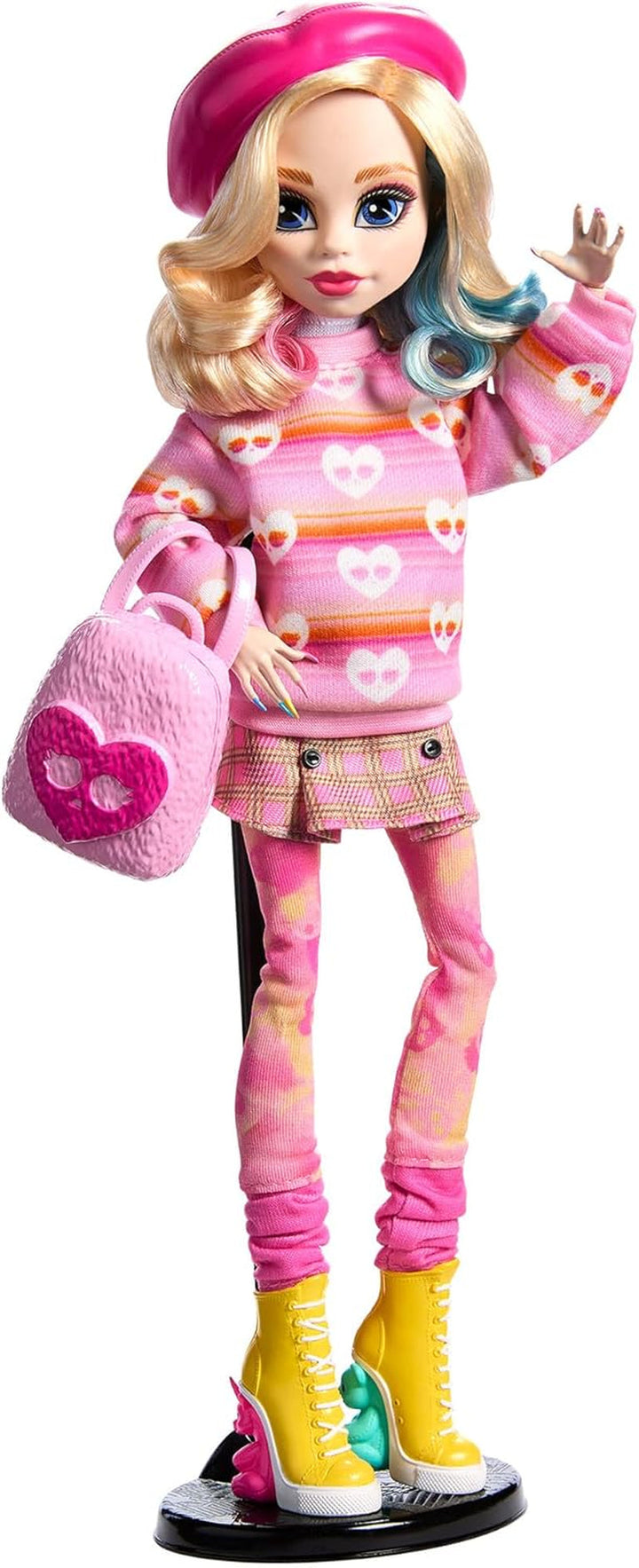 Păpușă și accesorii Monster High Wednesday, Enid Sinclair figurină de colecție în roz cu beretă și rucsac, suport pentru păpușă, HXJ05