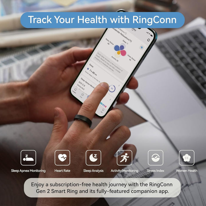 RingConn Gen 2 Smart Ring, primul sistem de monitorizare a apneei în somn din lume, fără abonament la aplicație, baterie cu autonomie de 12 zile, dispozitiv de urmărire a stresului, a ritmului cardiac și a sănătății femeilor, compatibil cu Android și iOS