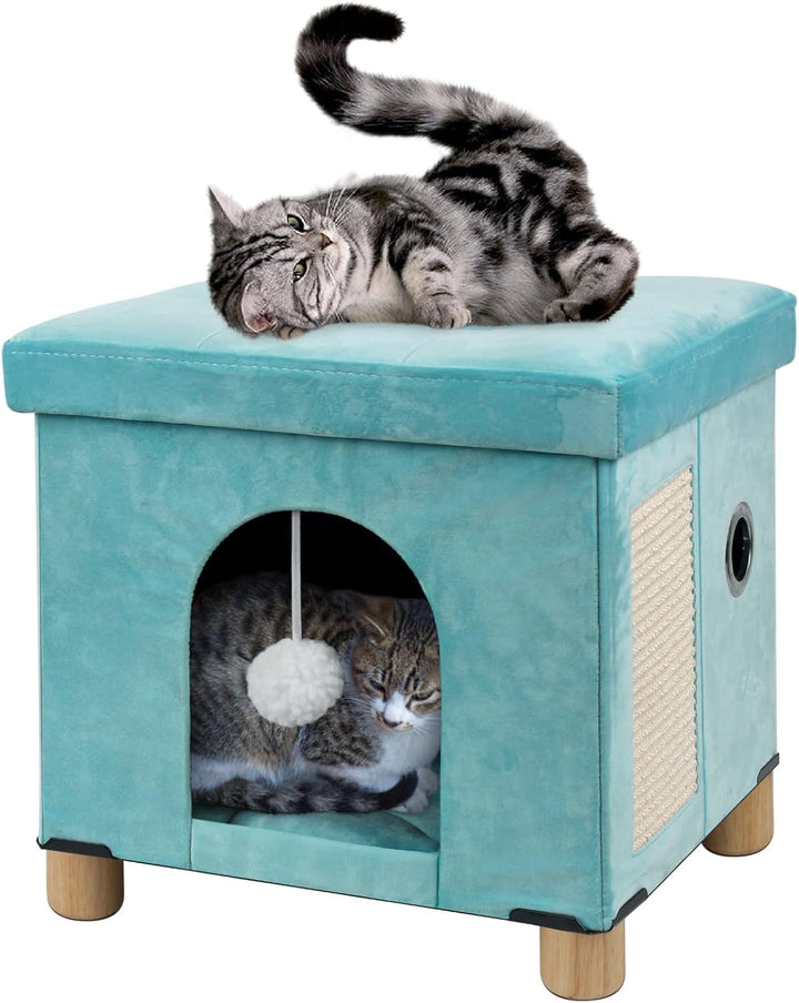 BRIAN & DANY Peșteră pliabilă pentru pisici mari, Casă pentru pisici cu zgârietură și minge de joacă, Taburet tip piept cu picioare din lemn 37 x 31,8 x 36 cm, Gri
