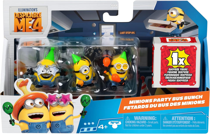 MINIONS I - Simply Incorrigible 4, pachet de 4 figurine Party Bus Troupe. Figurine de colecție înalte de 5,8 cm. Pachetul conține 3 figurine vizibile plus 1 figurină surpriză ascunsă