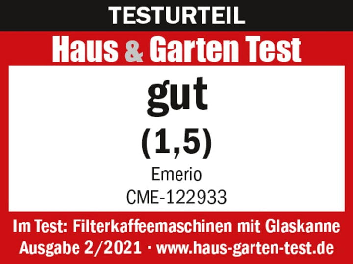 Emerio CME-122933, Cafetieră cu filtru, 1,25 l pentru până la 10 cești de cafea proaspătă, filtru permanent detașabil, funcție anti-picurare, cafetieră din sticlă, oprire automată, 1000 wați, negru/argintiu