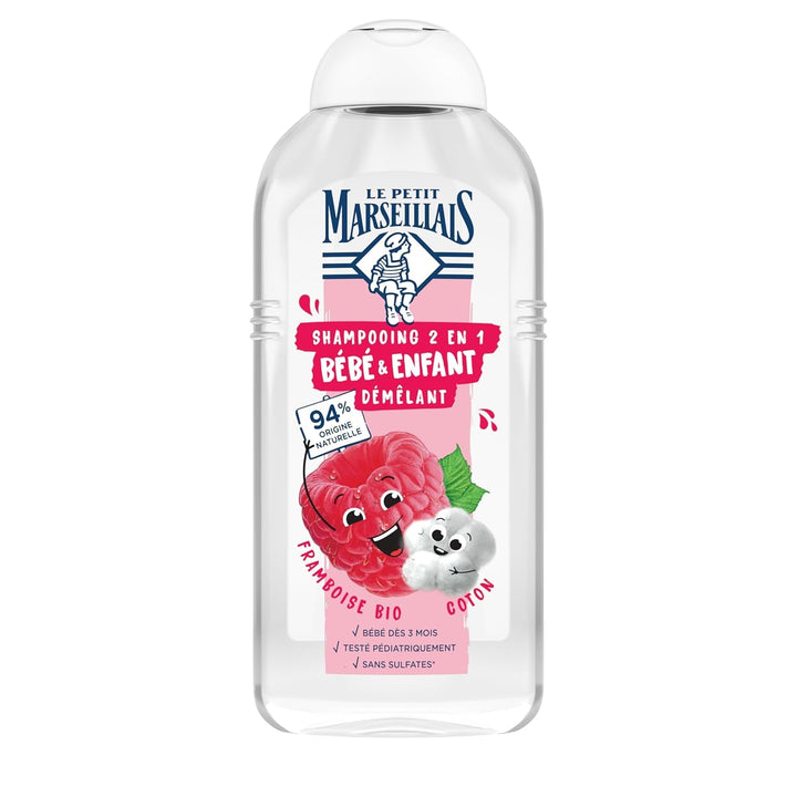 Le Pe Marseillais | Șampon 2 în 1 pentru bebeluși și copii, pentru descurcare, zmeură, organic și bumbac (300 ml)