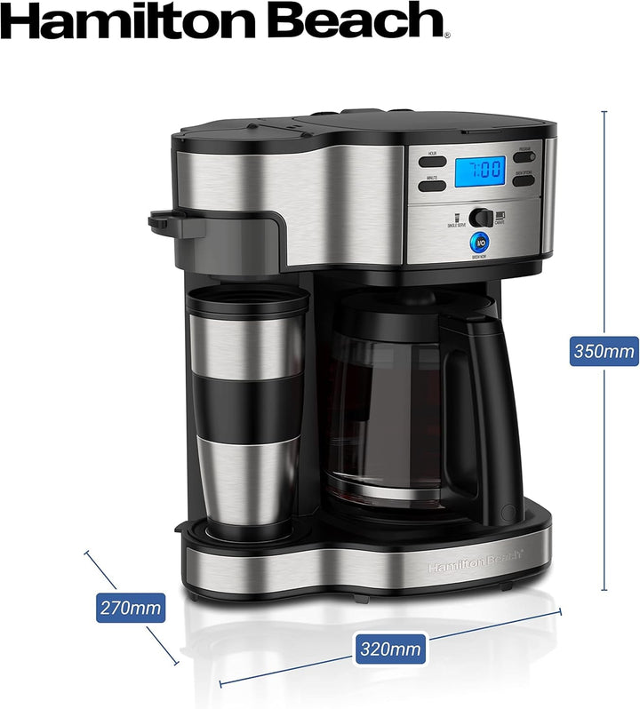 Hamilton Beach aparat de cafea cu sistem dublu de preparare, cu cană de călătorie, până la 12 cești de cafea, filtru programabil, aparat de cafea complet automat, 1,8 litri, negru (49980A-CE)