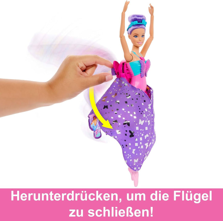 Păpușa Barbie Dance And Flutter cu transformare 2 în 1 de la dansatoare la fluture cu aripi care se deschid, păr violet, bijuterii de păr și tutu detașabil, HXJ10