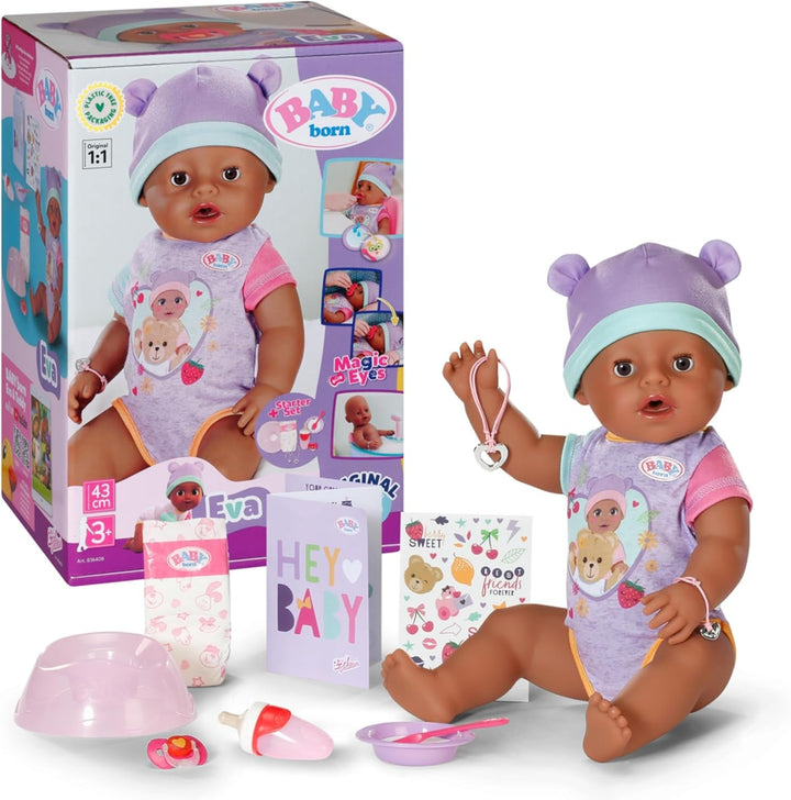 BABY Born Eva 43Cm, păpușă cu 10 funcții și accesorii, pentru copii de la 3 ani, funcționează fără baterie, păpușă mare 43Cm, 836408 Zapf Creation