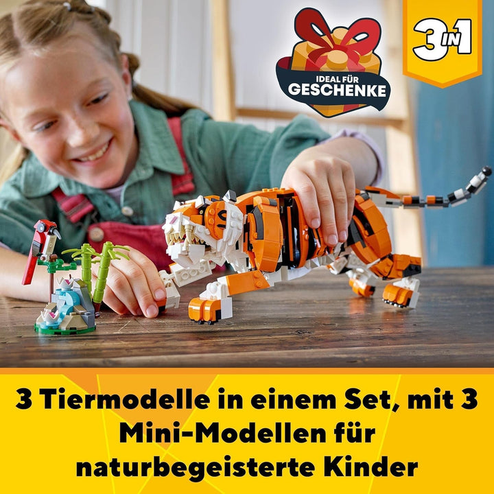 LEGO 31129 Creator Majestic Tiger, Panda sau Pește, set 3 în 1 de figuri de animale, jucărie pentru copii, băieți și fete, jucărie de construcție cu animale