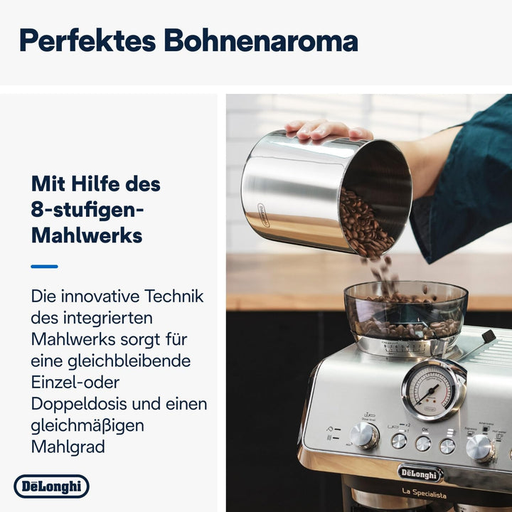 De'Longhi La Specialista Arte EC9155.MB mașină portafilter, mașină espresso Cu râșniță, 8 râșnițe, 15 bar, 3 temperaturi, duză spumare lapte, 1550W, rezervor 1.7L, oțel inoxidabil/negru Inclusiv kit barista