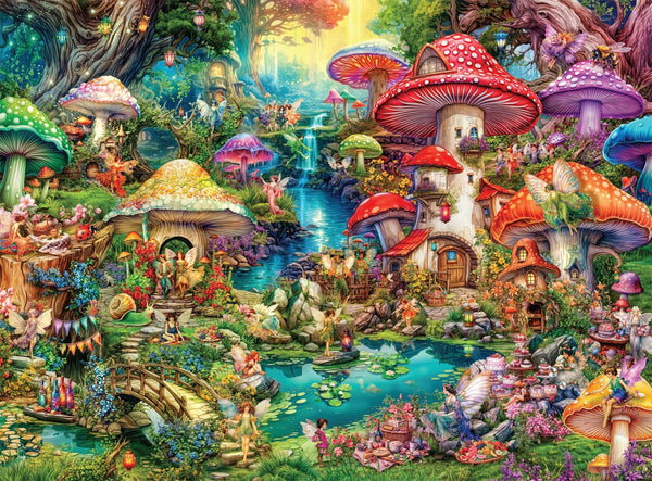 Buffalo Games - Aimee Stewart - Merry Mushroom Village Picnic - Puzzle de 1000 de piese pentru adulți, puzzle provocator, perfect pentru serile de jocuri - Ready Made Size 26.75 X 19.75 Cm