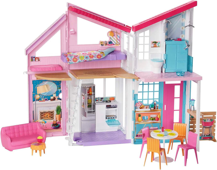 Casă de păpuși Barbie (70.6 X 51.4 Cm) cu 4 zone de joacă, accesorii și mobilier complet mobilate, rotativă 360°, pliabilă, păpușă, cadou pentru copii de la 3 ani, HHY40