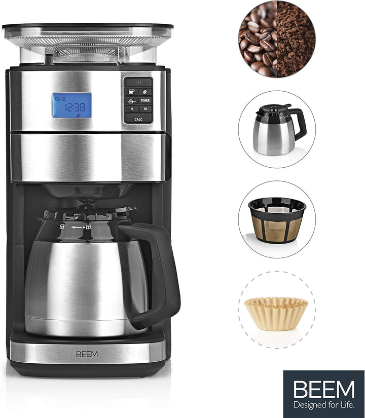 BEEM FRESH-AROMA-PERFECT II Cafetieră cu filtru și râșniță - Termo | Oțel inoxidabil | Ulcior termo | Cronometru 24 ore | 1000 W | Recipient pentru boabe 180 G