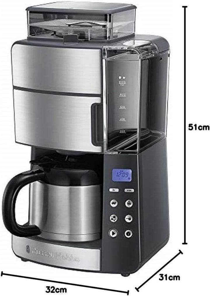 Russell Hobbs Cafetiera cu râșniță Thermo Jug [cronometru digital, cap efervescent pentru extracție și aromă optime] Grind&Brew (Max 10 cești, setare de măcinare în 3 trepte) Filtru de cafea 25620-56