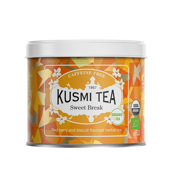 Kusmi Tea - Sweet Break - Ceai vrac organic cu hibiscus, plante și fructe - Aromă de fructe roșii și biscuiți - Ceai de fructe fără cofeină - Ceai vrac - Cutie metalică de 100 g pentru aproximativ 50 de cești