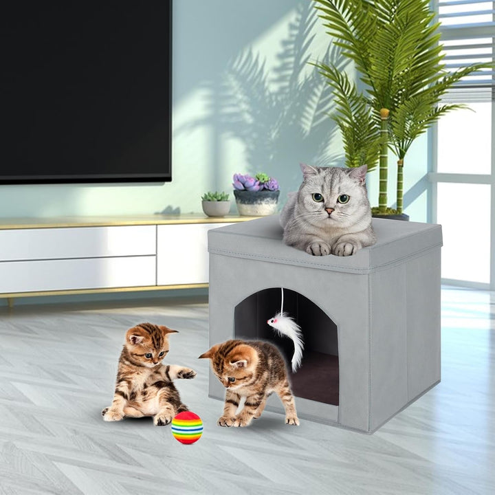 Pat pliabil pentru pisici sau pisoi de interior, scaun pliabil pentru pisici cu cub și peșteră, gri, 13 x 13 x 13 cm