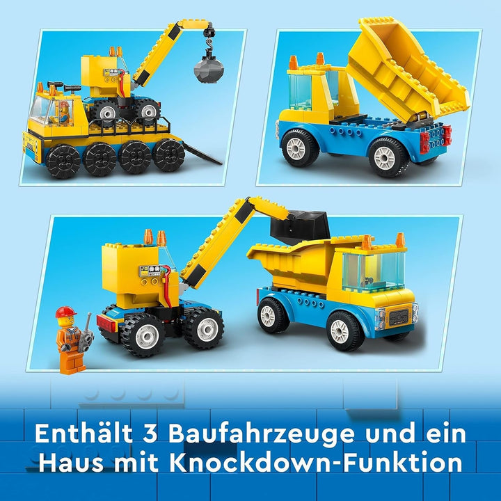 LEGO 60391 Vehicule de construcții urbane și macara cu minge de distrugere, jucărie cu excavator, autobasculantă și vehicule de transport, jucărie educativă pentru copii de 4 ani și peste