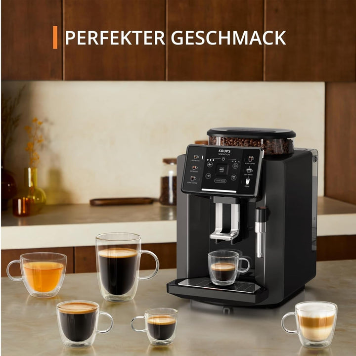 Espressor automat Krups Sensation, spumator de lapte, 5 băuturi, funcție cafea filtrată, funcție 2 cești, espressor, negru, fabricat în Franța, EA910810