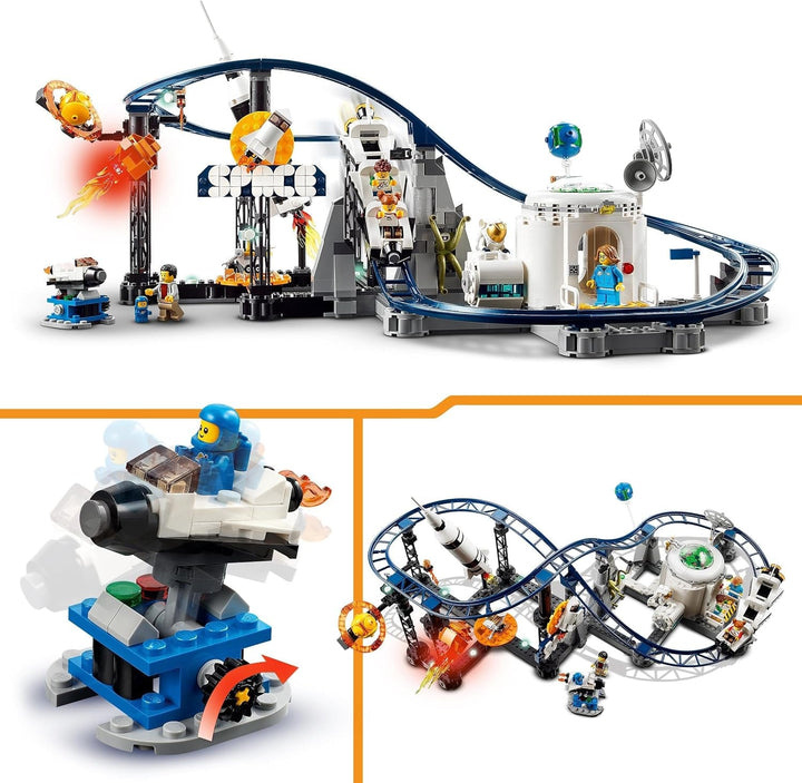 LEGO 31142 Creator 3-In-1 Rollercoaster spațial, kit de jucărie pentru bâlci cu cărucioare funcționale, convertibil în turn de cădere liberă sau carusel cu rachete și cărămizi strălucitoare