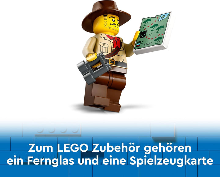 Camion LEGO City Jungle Explorer, set de construit și jucat pentru copii de peste 6 ani, cadou grozav pentru ziua de naștere, camion de jucărie, cu 3 minifigurine Adventurer și tigru 60426