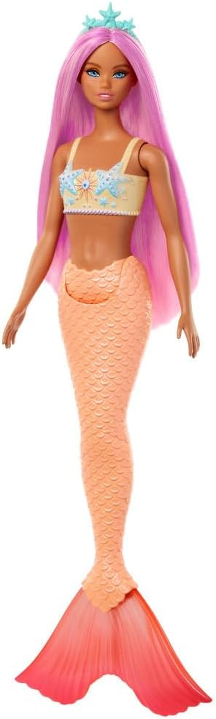 Păpușă sirenă Barbie cu păr fantezie în roz și lila cu bentiță, păpușă cu partea de sus din scoică și aripioară din coadă albastru lavanda, HRR06