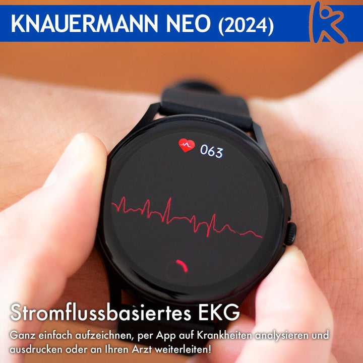 Neo (2024) Negru rotund - ceas de sănătate Smartwatch - ECG + funcție HRV - BT Bluetooth - Apnee de somn - Tensiune arterială - curea din silicon negru, 14-24