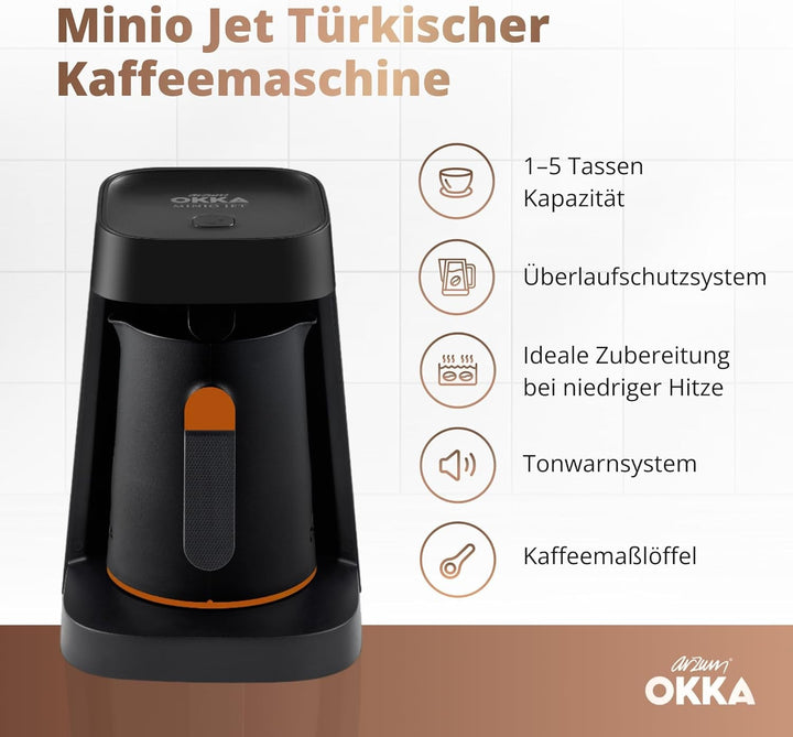 Arzum Okka MINIO JET filtru de cafea turcească, 400 W, capacitate de 5 cești, protecție la revărsare, sistem de avertizare acustică, filtru de cafea turcească, negru/portocaliu