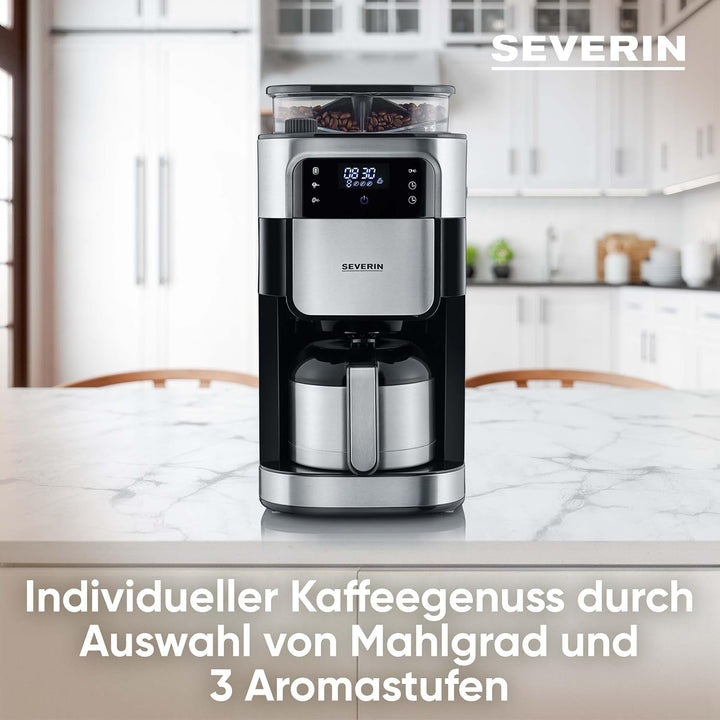 SEVERIN Filtru de cafea cu râșniță din oțel inoxidabil și ulcior termo, măcinare fină și nivel de măcinare selectabil individual, 1000 W, pentru până la 8 cești / Aprox. 1 litru, negru, KA 4814