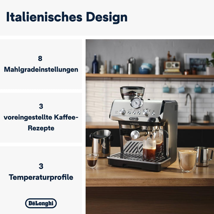 De'Longhi La Specialista Arte EC9155.MB mașină portafilter, mașină espresso Cu râșniță, 8 râșnițe, 15 bar, 3 temperaturi, duză spumare lapte, 1550W, rezervor 1.7L, oțel inoxidabil/negru Inclusiv kit barista
