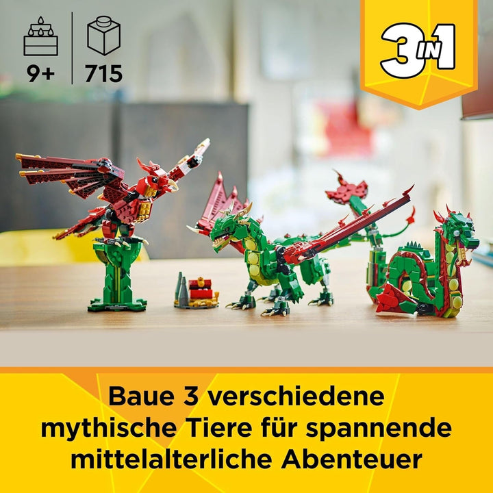 LEGO Creator 3In1 Green Dragon - Jucărie - Convertibil în șarpe de mare sau Phoenix - Jucărie de construit cu animale pentru copii - Cadou pentru băieți și fete de la 9 ani 31161