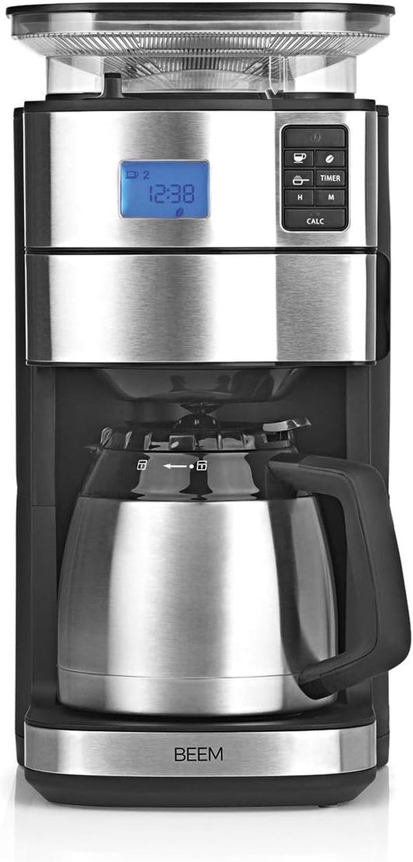 BEEM FRESH-AROMA-PERFECT II Cafetieră cu filtru și râșniță - Termo | Oțel inoxidabil | Ulcior termo | Cronometru 24 ore | 1000 W | Recipient pentru boabe 180 G