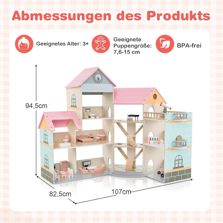 Casă de păpuși din lemn FANTASK, casă de păpuși 94 cm înălțime cu 41 de piese de mobilier și accesorii, vilă de păpuși cu 6 camere, terasă și garaj, cadou pentru fete de la 3 ani