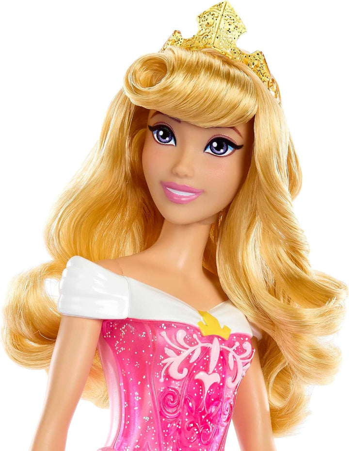 Mattel DISNEY Prințesa Aurora - păpușă cu ținută tipică, pantofi detașabili și diademă, top strălucitor și fustă detașabilă cu model, păr lung de coafat, HLW09