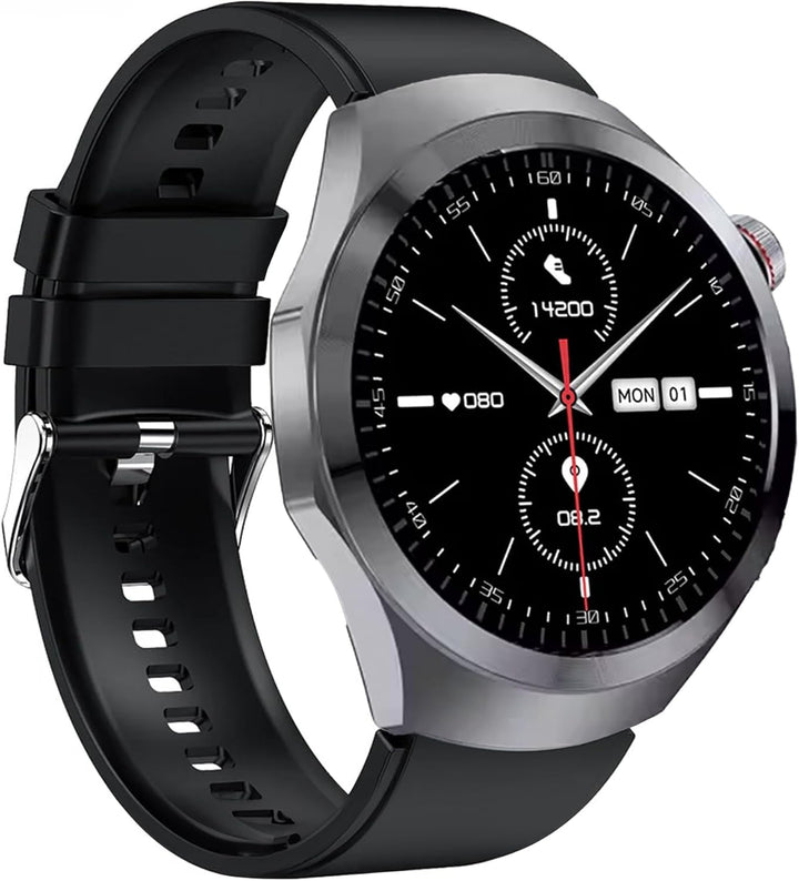 PRO 3 Plus rotund (2025), ceas de sănătate smartwatch cu funcție de telefonie, ECG toracic plus HRV și funcție SOS, ecran AMOLED- BT Bluetooth, apnee de somn, curea de silicon negru, 14-24