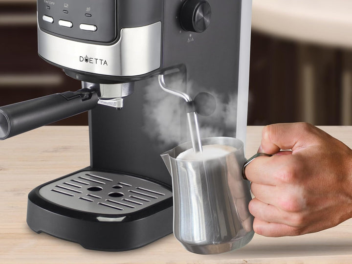 Beper P101CAF100 Duetta Espresso Coffee Maker, 1100W, compatibil cu poduri și cafea pudră, cafetieră cu braț dublu, 15 bar, încălzitor de cești, cupă de măsurare și presă incluse, negru