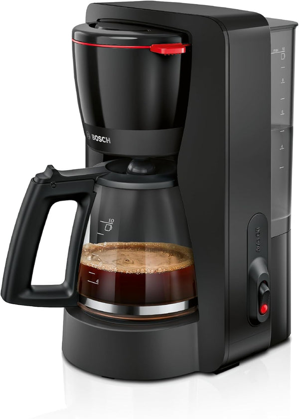 Espressor cu filtru Bosch Mymoment TKA2M113, carafă din sticlă de 1,25 l, capacitate 10-15 cești, funcție de menținere la cald timp de 40 de minute, sistem anti-picurare, suport pentru filtru rotativ, rezervor de apă detașabil, 1200 wați, negru mat