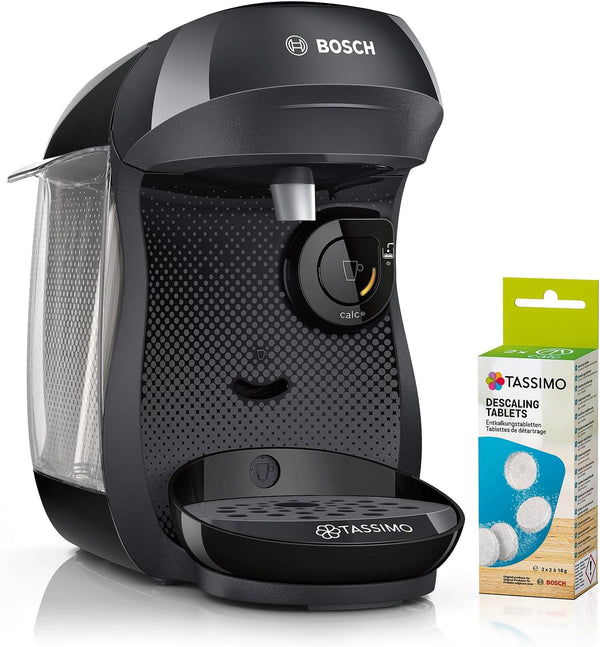 Espressor cu capsule Bosch Tassimo Happy Friendly TAS102EA, Peste 70 de băuturi, Potrivit pentru toate tipurile de cești, Oprire automată, Sustenabil, Include tablete de detartrare, Economie de spațiu, 1400 W, Negru