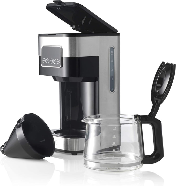Cafetiera cu filtru Gastronoma Trebs 24100 - Până la 12 cești cu o capacitate de 1,5 litri - Programabilă - Oprire automată - Stop picurare - Afișaj tactil LED - Design din oțel inoxidabil / negru
