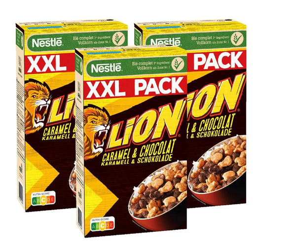 Cereale NESTLE LION, Cereale de ciocolată cu caramel și 41% făină integrală, set 3 x 1 Kg