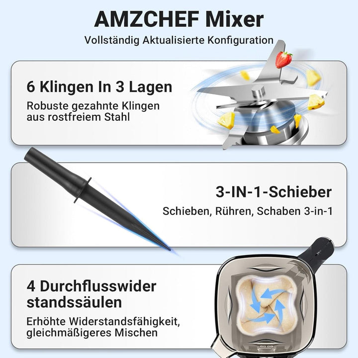 AMZCHEF 4-IN-1 Standmixer Hochleistungsmixer - 2L Standmixer Mit 3D Klingen Crush in Sekunden Technologie Für Shakes, Smoothies, Eis Crushen, Mahlen - 32000 UPM Blender Mixer Für Die Küche | Schwarz