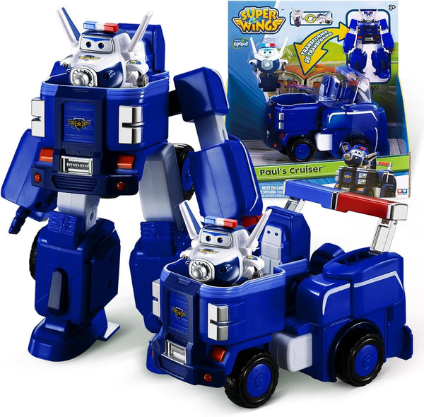 SUPER WINGS - VEHICUL ROBOT CONVERTIBIL "PAUL'S CRUISER" 18 Cm + 1 FIGURĂ 5 Cm - Mașină și avion de jucărie Transform-A-Bots din serialul animat - Jucării pentru copii peste 3 ani