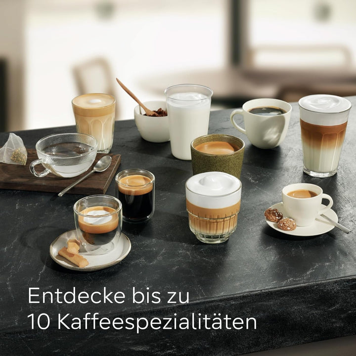 Aparat de cafea complet automat Siemens EQ500 Integral TQ513D01, Multe specialități de cafea, Spumă de lapte, Recipient de lapte integrat, Curățare automată cu abur, 1500 W, Argintiu / negru lăcuit pian