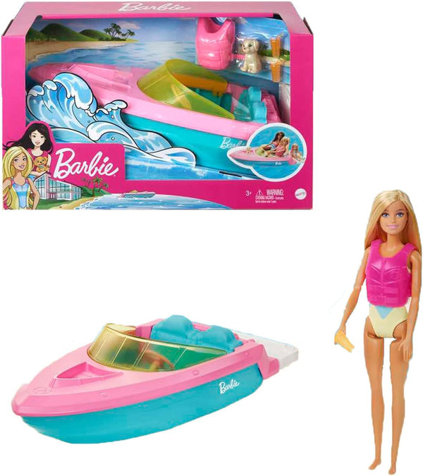 Barbie Speedboat Set, păpușă Barbie cu păr blond, vestă de salvare roz, barcă, cățel, accesorii, cadouri pentru copii cu vârsta peste 3 ani, Grg30