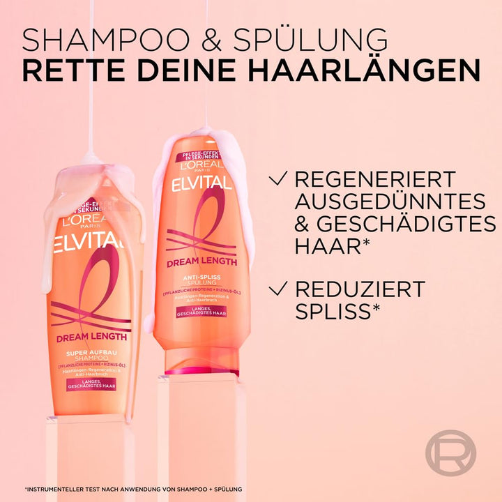 L'Oréal Paris Elvital Dream Length Super Aufbau Shampoo, Für Traumhaft Langes Haar, Mit Rizinus-Öl, Vitaminen & Pflanzlichen Proteinen, 1 X 1000 Ml