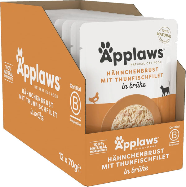 Applaws 100% hrană umedă naturală pentru pisici, piept de pui cu file de ton în bulion - pachet cu 12 pungi x 70G