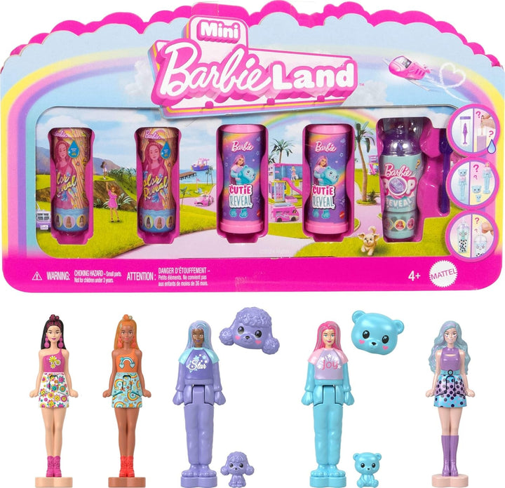 Barbie Mini Barbieland Set de 5 păpuși Fashionistas, Aprox. 3.8cm înălțime Mini păpuși în mâneci de ruj, set de colecție cu surprize (stilurile pot varia), JBD26