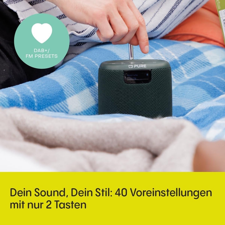 Pure Woodland Mini boxă de exterior cu Bluetooth și radio DAB+/FM (impermeabil IP67, robust, portabil, baterie 14H, perfect pentru grădină și camping) Verde