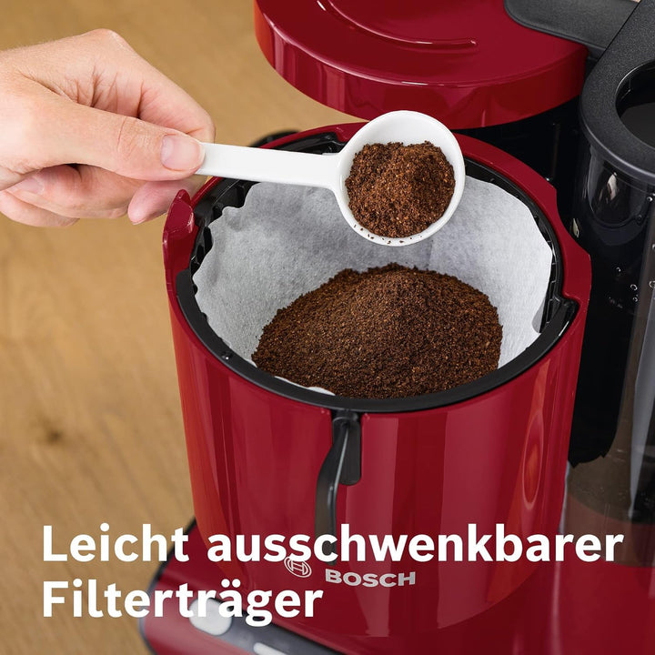 Cafetiera cu filtru Bosch Styline TKA8A054, Termos din oțel inoxidabil de 1,1 litri, Pentru 8-12 cești, Rezervor de apă detașabil, Stop picurare, Suport filtru pivotant, Compartiment de depozitare cablu, 1100 W, Roșu
