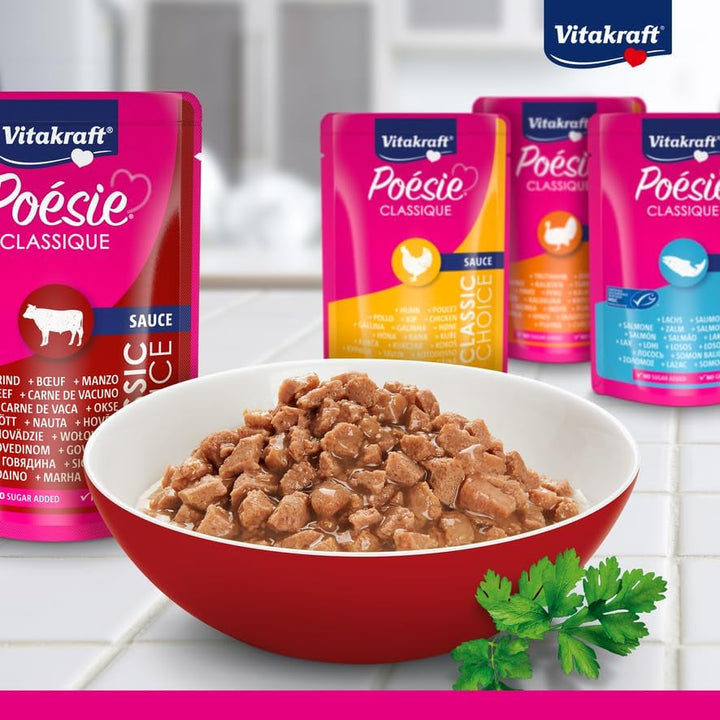 Vitakraft Poésie Classique, hrană umedă pentru pisici, hrană umedă în sos, cu pui, cu curcan, cu vită, cu somon, fără adaos de zahăr și cereale (1 pachet de 12X 85G)