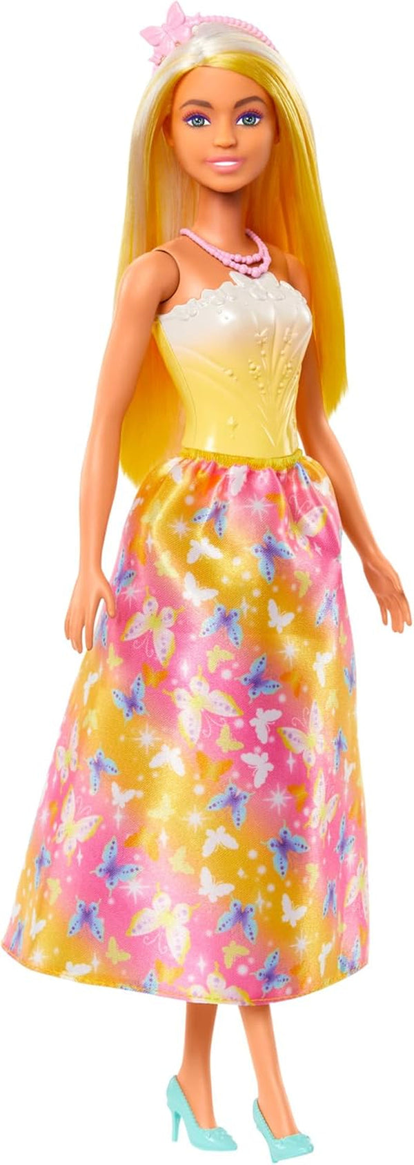 Păpușă Barbie Royal cu păr fantezist cu șuvițe colorate, accesorii colorate, top galben cu gradient și fustă cu model fluture, HRR09
